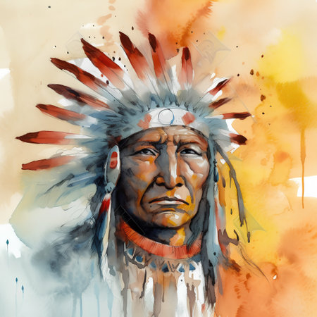 Native American indian chief in headdress. Watercolor painting.の素材