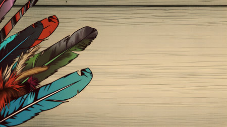 Colorful feathers on a wooden background with space for your text.の素材
