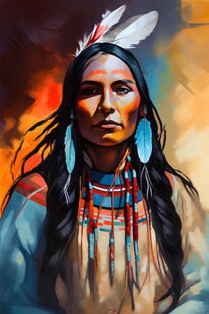 Native American woman portrait. Digital painting. Colorful abstract painting.の素材