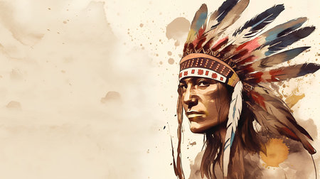 Native american indian chief with headdress and feathers on grunge backgroundの素材