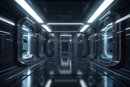 Futuristic corridor with glowing lights and reflections, 3d renderの素材