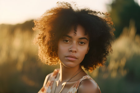 Beautiful african american woman with afro hairstyle at sunsetの素材