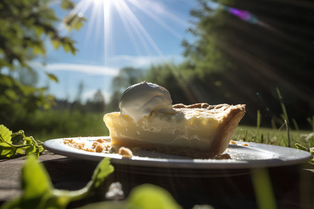 Lemon tart with ice cream on a wooden table in the gardenの素材