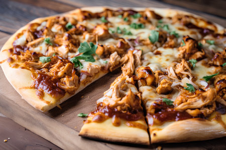 Pizza with chicken, mushrooms and sauce on a wooden background.の素材