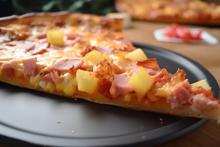 Pizza with ham, pineapple and cheese on a black plate.の素材