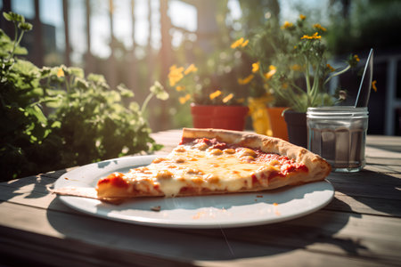 Pizza on the table in the garden in the rays of the setting sunの素材