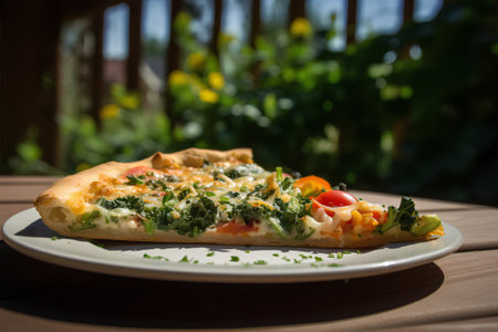Pizza with broccoli, tomato and cheese on a wooden table.の素材
