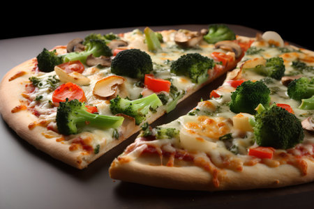 Pizza with broccoli, cheese and mushrooms on a dark background.の素材