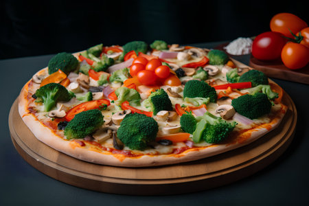 Delicious vegetarian pizza with mushrooms, broccoli and tomatoes on a black background.の素材