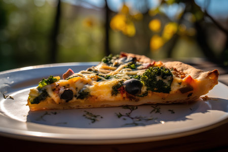 Pizza with broccoli, cheese and olives on a white plateの素材