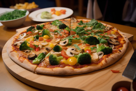 Pizza with mushrooms and vegetables on a wooden table in a restaurantの素材
