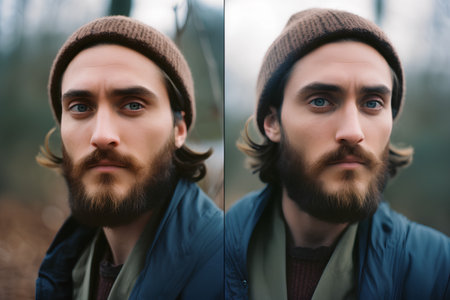 Portrait of a young man with a beard in a hat. Autumn.の素材