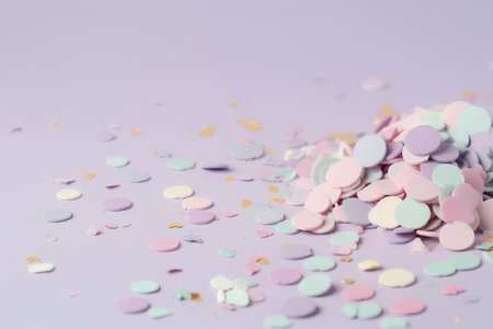 Colorful confetti on pastel background. Flat lay, top view.の素材