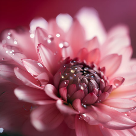 Beautiful pink dahlia flower with dew drops closeupの素材