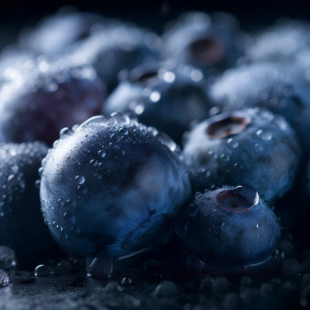 Fresh blueberries with water drops on black background. Shallow depth of field.の素材