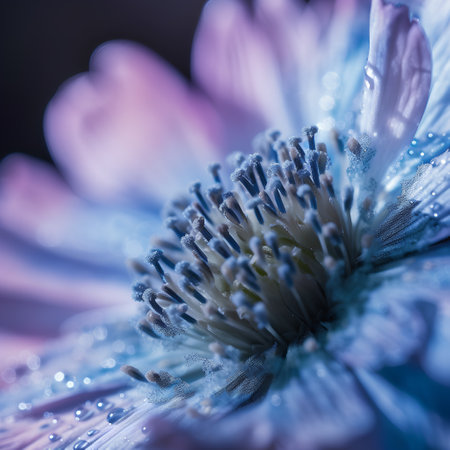 Macro of a blue gerbera flower with dew dropsの素材