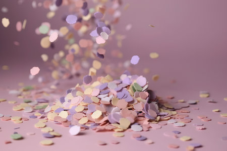Colorful confetti on a pink background with bokeh effectの素材