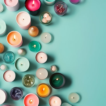 Colorful candles on blue background. Flat lay, top view.の素材