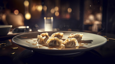 Traditional oriental dumplings with meat on a dark background.の素材