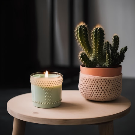 Candle and cactus in a pot on a wooden table.の素材