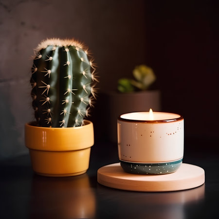 Aroma candle and cactus in a pot on a dark backgroundの素材