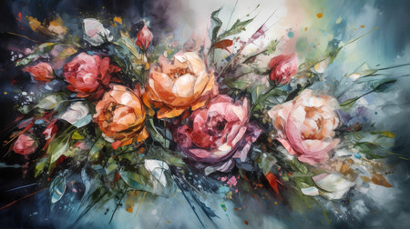 Bouquet of peonies, watercolor painting on canvas.の素材