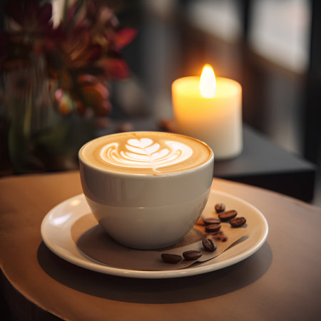 A cup of cappuccino with latte art on tableの素材