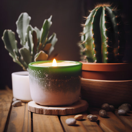 Burning candle with cactus on a wooden background. Selective focus.の素材