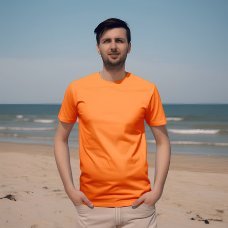 Young handsome man wearing orange t-shirt on the beach by the seaの素材