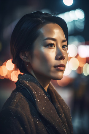 Portrait of a beautiful asian woman in the city at nightの素材