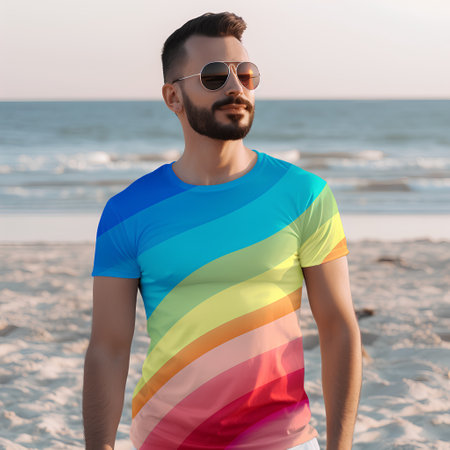 portrait of handsome bearded man in colorful t-shirt and sunglasses on beachの素材