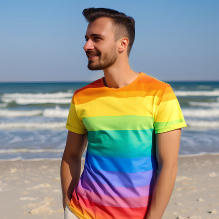 Handsome young man in rainbow t-shirt on the beachの素材