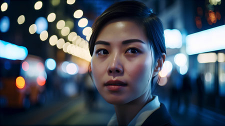 Portrait of a beautiful asian woman in the city at nightの素材