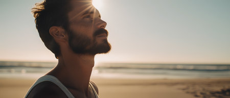 Side view of young man looking away while standing on beach at sunsetの素材