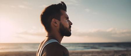 Side view of young man looking away while standing on beach at sunriseの素材