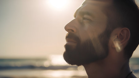 Hipster man with beard on the beach at sunset, profile viewの素材