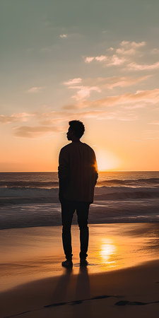 Silhouette of a young man standing on the beach at sunsetの素材