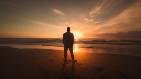 Silhouette of man standing on the beach and looking at the sunsetの素材