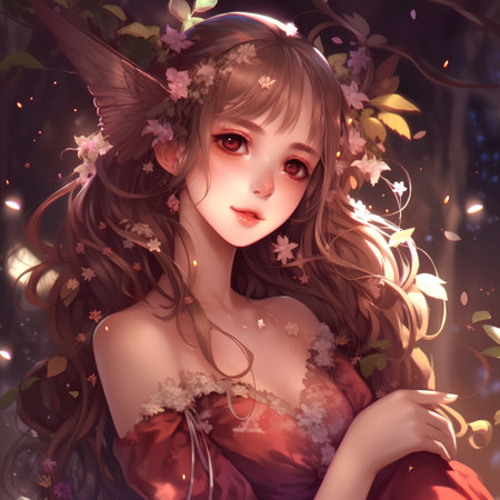 3D illustration of a beautiful fairy girl surrounded by flowers and leavesの素材