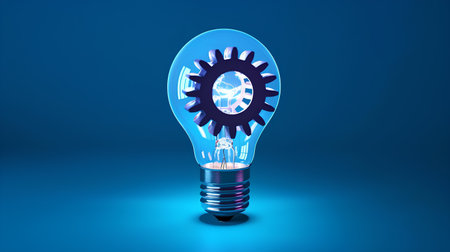 Light bulb with gear inside on blue background. 3D illustration.の素材