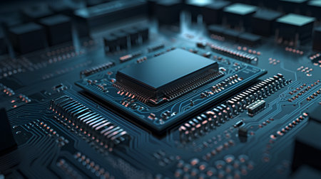 Close-up of electronic circuit board. Technology background. 3D renderingの素材