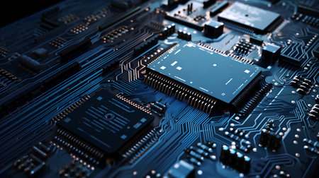 Close up of electronic circuit board. Technology background. 3D Renderingの素材