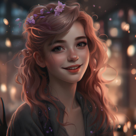 Portrait of a beautiful red-haired girl with a flower in her hair.の素材