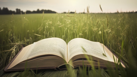 Open book on green wheat field, shallow depth of field, vintage toneの素材