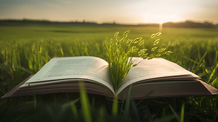 Open book with grass growing out of pages on green field at sunsetの素材