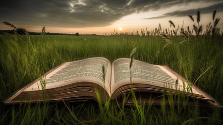 Bible on the grass in the meadow with sunset background.の素材