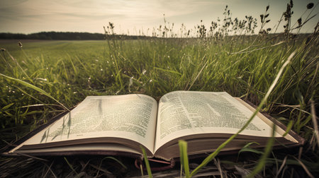 Open book in the field with grass and sky in the background.の素材