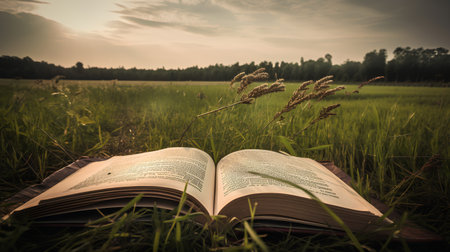 Open book on the grass in the meadow at sunset. Vintage style.の素材