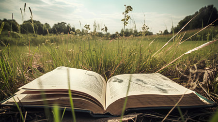 Open book on the meadow in the summer. Vintage style.の素材