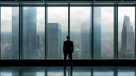businessman standing in modern office with panoramic window and city viewの素材